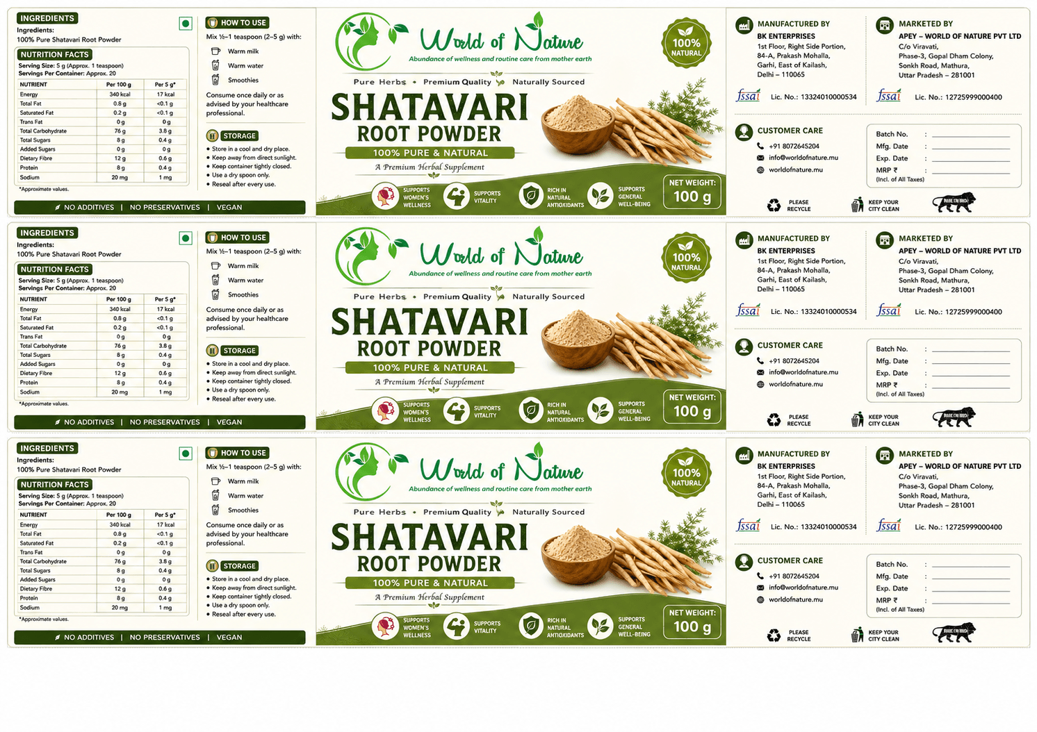 Poudre de Racine de Shatavari 100 % Pure et Naturelle